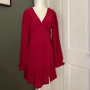 SHEIN Red Long Sleeve V-Neck Dress